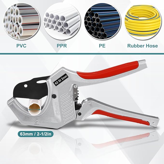 PVC Pipe Cutter 2.5 inch, Heavy Duty Pipe Cutter Tool with Aluminum Body, Manganese Steel Blades, Ergonomic Non Slip Handle and Safety Latchs for Cutting PVC, PPR, and PE Pipes