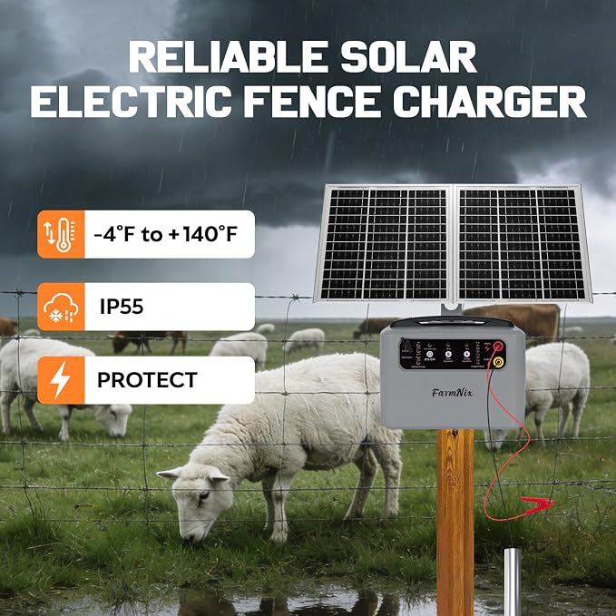6-12KV Adjustable Output Solar Charger,30 Miles Solar Electric Fence Charger,1.5J Solar Fence Charger,15W Solar Powered Electric Fence Kit for Livestock,24H Uninterrupted Protection