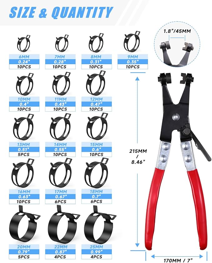 130Pcs 6-25mm Spring Hose Clamps Assortment Kit with Swivel Flat Hose Clamp Plier for Automotive, Plumbing & DIY Projects - Durable Constant Tension Steel Design for Low Pressure Air