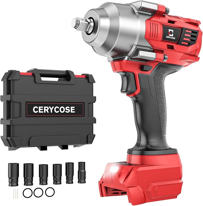 Cerycose Cordless impact Wrench 1/2 inch Compatible with Milwaukee 18v Battery, 750FT-LBS (1000N.m) Brushless Electric Impact Gun with LED Work Light & 6 Sockets, High Torque Impact Driver, Bare Tool