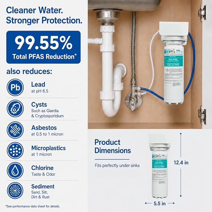 Watts Premier H2O-DWCBTP100 Single-Stage Total PFAS Reduction Under Counter Water Filtration System, Reduces Forever Chemicals, High Flow Rate 1.5 GPM, 1/4 Turn Quick Change, 1,900 Gallon Capacity