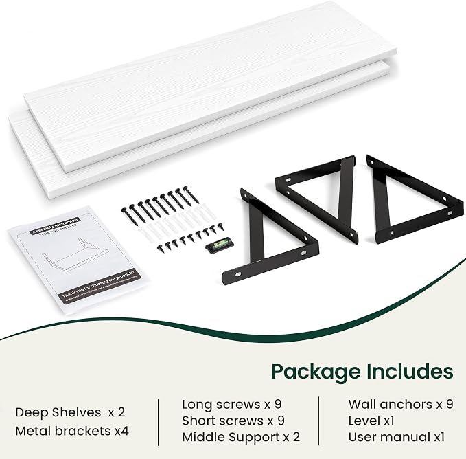 Floating Shelves 12 Inch Deep, 48W x 12D Wall Shelf Set of 2, 70 lbs Heavy Duty Reversible Metal Brackets, Deep Industrial Book Shelf for Living Room Kitchen Bath Bedroom Coffee Bar, White