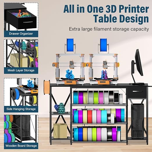 Professional 3D Printer Stand with Massive Filament Storage, Heavy Duty 4-Tier 3D Printer Table Workbench with Power Hub & Drawer, Stable 3D Printing Station for Bambu Lab, Creality & Workshop, Black