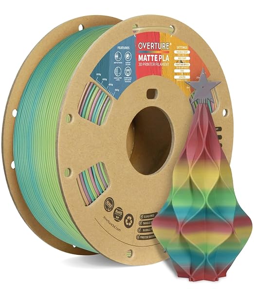OVERTURE Matte PLA 1.75mm, Low Warp & Smooth Finish 3D Printer Filament | Frosted Matt Finish Hides Layer Lines, 1kg Spool (2.2lbs) Cardboard Spool, Fit Most FDM Printer (Matte Rainbow)