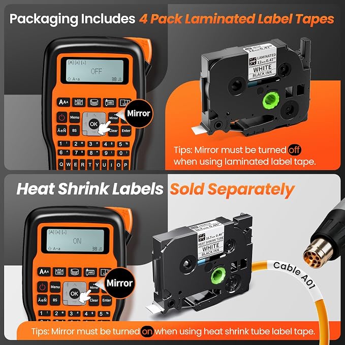 Vixic Label Maker Machine with-Tape, E1000 Industrial Cable Wire Heat Shrink Labeler with 4-Pack 12mm Laminated White-Tapes Waterproof Portable for Electrician Technician Network Office