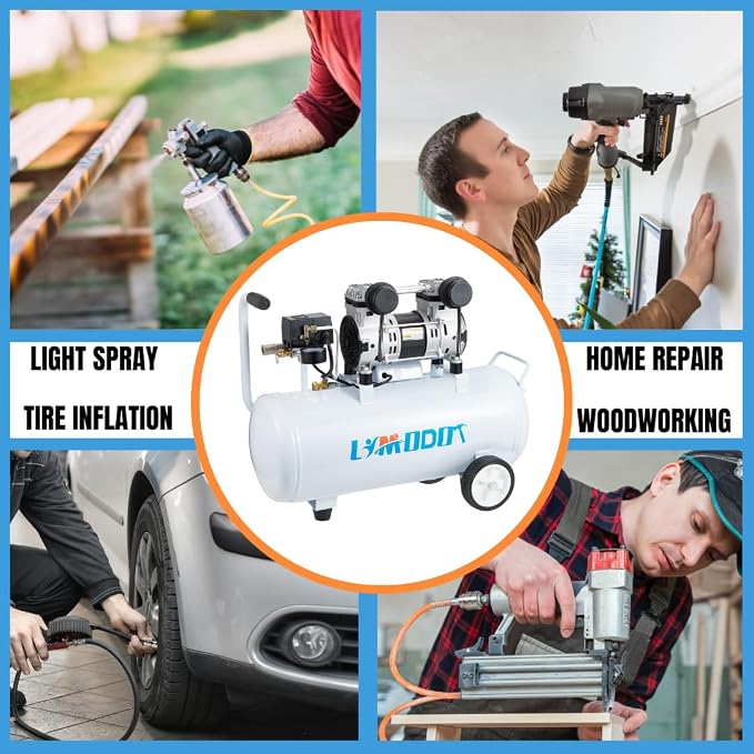 Quiet Oil-Free Air Compressor, 68 dB, 2.8 CFM @ 90 PSI, 8 Gallon Air Tank | Steel Tank Compressor for Woodworking, Nailing, Garage Use, Car Inflation and Pneumatic Tools, Includes Air Hose Kit