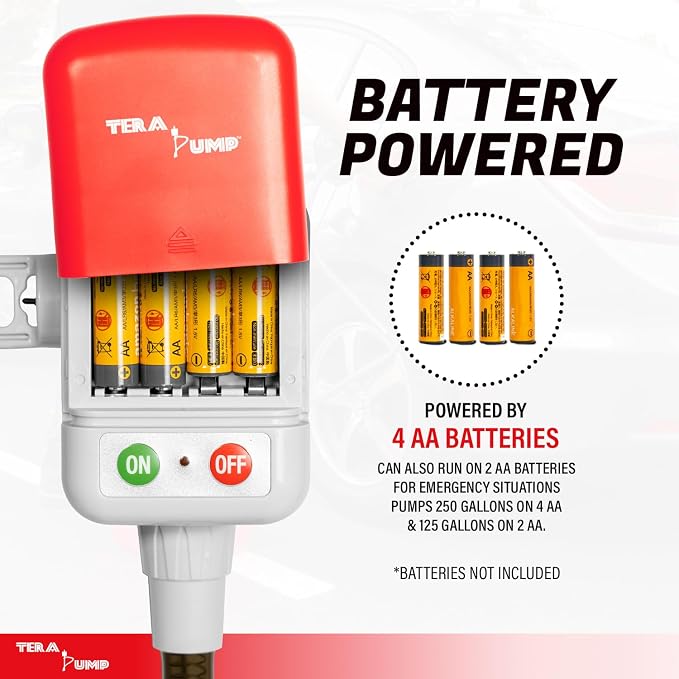 TERA PUMP TRFA02-MTX-XL Fuel Transfer Pump (2.5 GPM), AA Battery Powered Gas Can Pump, Flow Control Nozzle w/Universal Adapter + Utility Jug Adapter for Gas Diesel E85 E15-4.25ft Heavy-Duty Hose