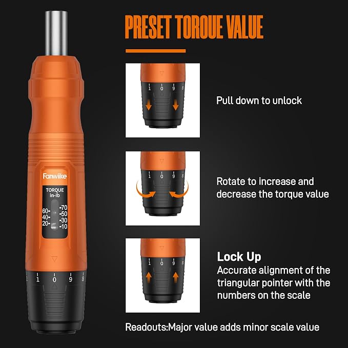 Torque Screwdriver Set, 10-70 In-lb / 1.1-7.8 Nm, 1/4” Drive Torque Wrench Screwdriver Electrician with Range & Audible Click for Scope Mounting Gunsmith Bike Repair