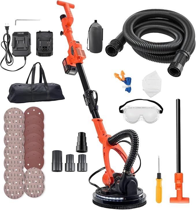 VEVOR Cordless Drywall Sander, 450W Electric Sander, Popcorn Ceiling Removal Tool with Vacuum Dust Collection, 7 Variable Speed 0-1600 RPM, LED Light, Foldable & Extendable Handle, 15 Sanding Discs