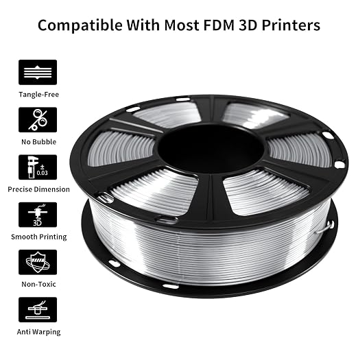 Geeetech Silk PLA Filament 1.75mm for 3D Printer, Metal-Like Shiny 3D Filament 1kg (2.2lbs) 1 Spool, Dimensional Accuracy +/- 0.02 mm, Metallic Silver Silk Filament
