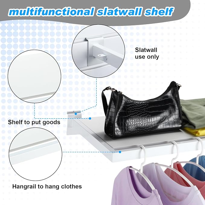 Blulu 2 Pack Slatwall Shelf, 23. 6x11. 8 Inch Wooden Wall Shelves with Metal Rectangular Tubing U Shaped Hanger Slatwall Shelving Organizer Accessories for Home Retail Display (White)