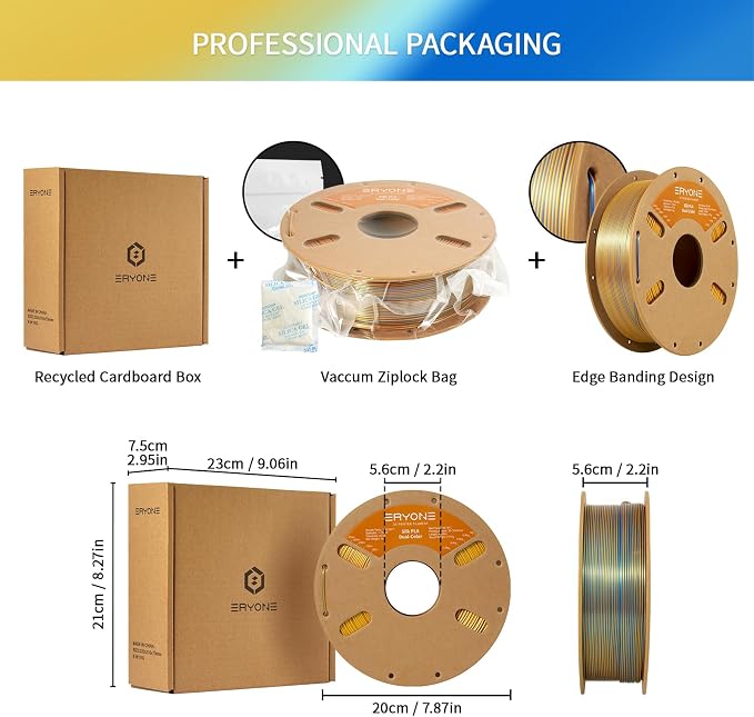 ERYONE Silk Dual Color PLA Filament 3D Printer 1.75mm +/- 0.03mm, Bicolor Filament Two Tone PLA 1KG(2.2lbs) Cardboard Spool, Gold Blue