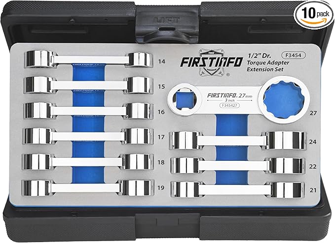 FIRSTINFO 10-Piece 1/2" Drive Metric 12-Point Box End Torque Adapter Set | 14-27mm sizes • 3 in center-to-center length • CR-V steel • Blow-mold case & tray • Made in Taiwan