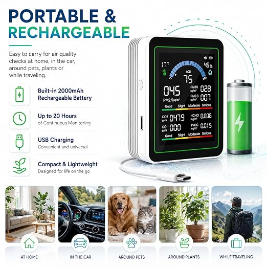 Upgraded 10-in-1 Smart Air Quality Monitor – Professional Indoor Air Test Kit for CO₂, TVOC, HCHO, PM0.3-10, PM2.5, Temperature & AQI – Home, Car, Pets, Plants, Hotels – White