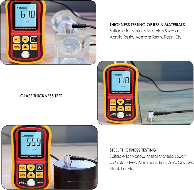 Digital Ultrasonic Thickness Large LCD Display Sound Speed Meter Auto Calibration 5MHz 1.2-300mm for Metal Steel Plate Plastic Ceramic (Without Battery)