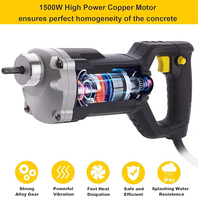 Handheld Concrete Vibrating Tool, 1500W Electric Concrete Vibrator | 6.6ft Shaft Rod, 14400VPM, Portable Pencil Cement Vibrarator, Remove Air Bubble and Mix Concrete