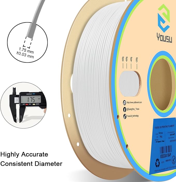 YOUSU Polypropylene PP Filament, 1.75mm 3D Printer Filament for FDM 3D Printers, 1kg (2.2lbs) 5 Pcs Build Sheet Included, Semi-Flexible Ultra Tough Filament, White