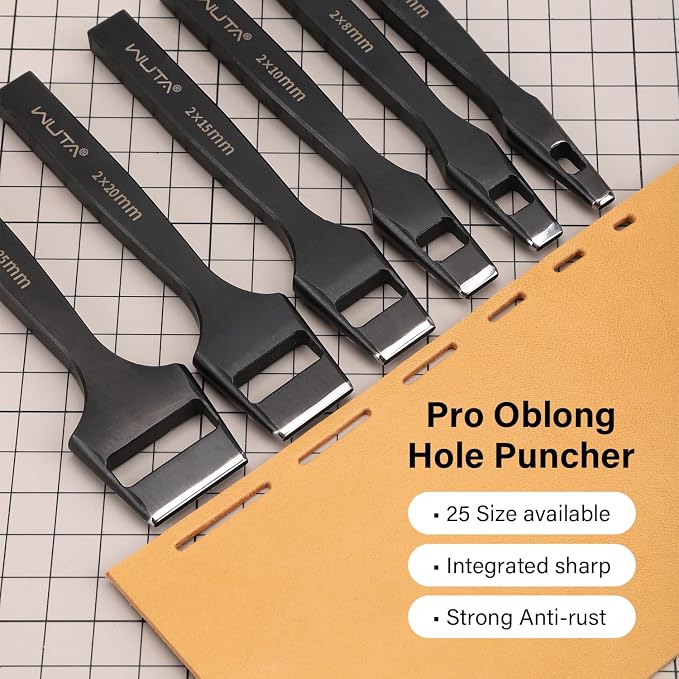 WUTA 5 Pcs Leather Belt Hole Puncher Oval Cutter Strap Watch Band Flat Punches Heavy Duty Oblong Tools for Leathercrafting (4 * 20+4 * 25+5 * 20+5 * 22+5 * 25)