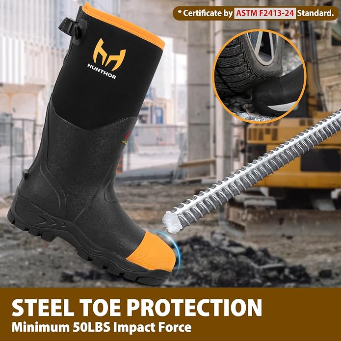 Rubber Work Boots for Men with Steel Toe, 400g Insulated, 1100N Puncture-Proof Hunting Boots with 7mm Neoprene Waterproof and EVA Midsole, Back Gusset, Ideal for Work,Farming Fishing Size 7-14