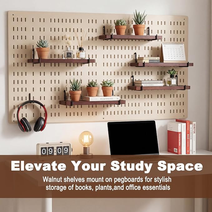 Novabright 6 Pcs Walnut Color Pegboard Shelves Set with Metal Brackets Hooks 11.8 x 4'' Wall Wooden Pegboard Shelving Heavy Duty Accessories for Crafts Office Garage, Compatible with IKEA Skadis