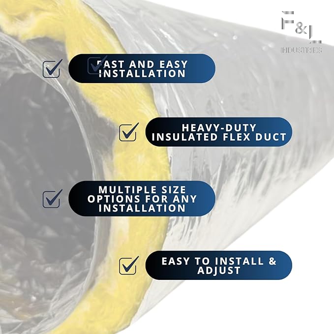 F&L Insulated Flexible HVAC Air Duct 8 10 12 14 Inch – Heavy Duty Flex Ducting for AC Heating Cooling Ventilation Systems, Residential & Commercial Use (12 in 25 FT)