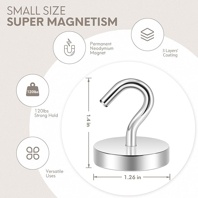 Neosmuk Magnetic Hooks, Cruise Ship Essentials, 120lb+ Heavy Duty Magnetic Hooks for Cruise Cabins, Refrigerator, Grill, Hanging, and Travel | Extra Strong Must-Haves Magnet Hook,Silver,Pack of 20