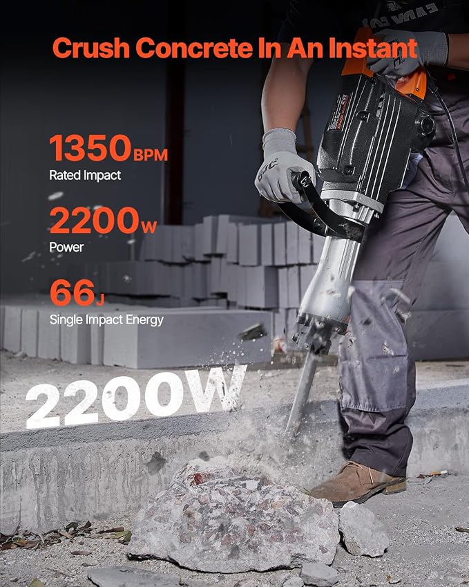VEVOR Demolition Jack Hammer 2200W Electric Jackhammer Concrete Breaker | For Concrete Demolition, 1350 BPM, 360° Rotary Handle, Heavy Duty, Portable, with 4pcs Chisels Bit and Storage Case, Black