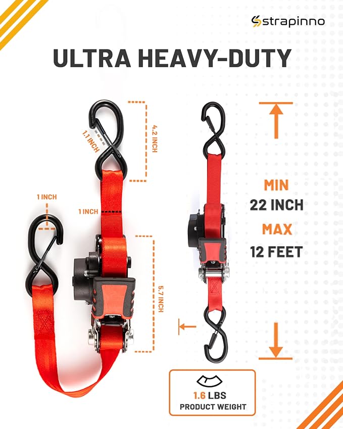 Strapinno Retractable Ratchet Straps - 1 in x 12 ft Heavy Duty Tie Downs, 1800lbs Breaking Strength Each, S Hooks with Safety Clip, AutoRetract, for Moving, Motorcycle, Boat, Kayak, and Cargo (2-Pack)