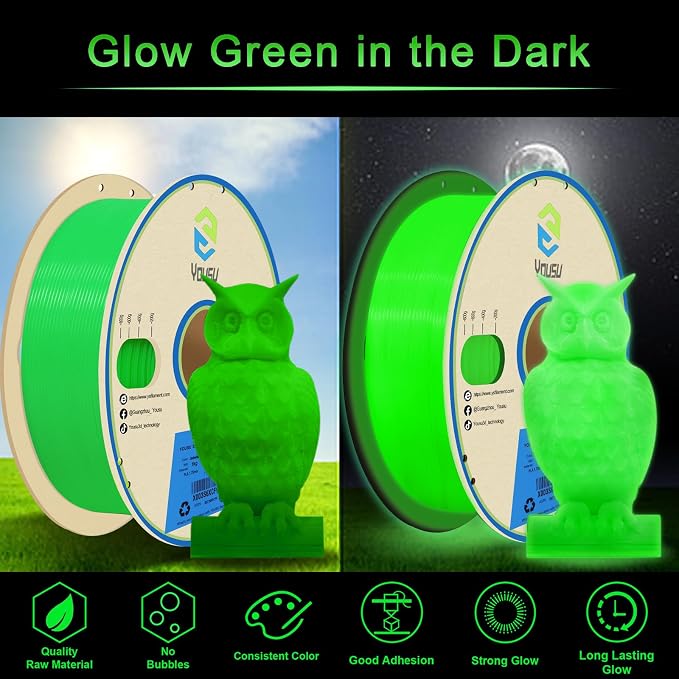 YOUSU Glow in The Dark Light Green PLA Filament 1.75mm, Luminous PLA 3D Printer Filament, Dimensional Accuracy +/- 0.03mm, 1kg(2.2lbs) Spool, Fit for Most 3D Printer