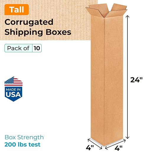 Tall Moving & Shipping Boxes 4x4x24 inches (10-Pack) - Extra Strength 200 lb vs Regular - USA-Made Corrugated Strong Boxes for Packaging Moving - Cardboard Box - Packing Box by IDL Packaging