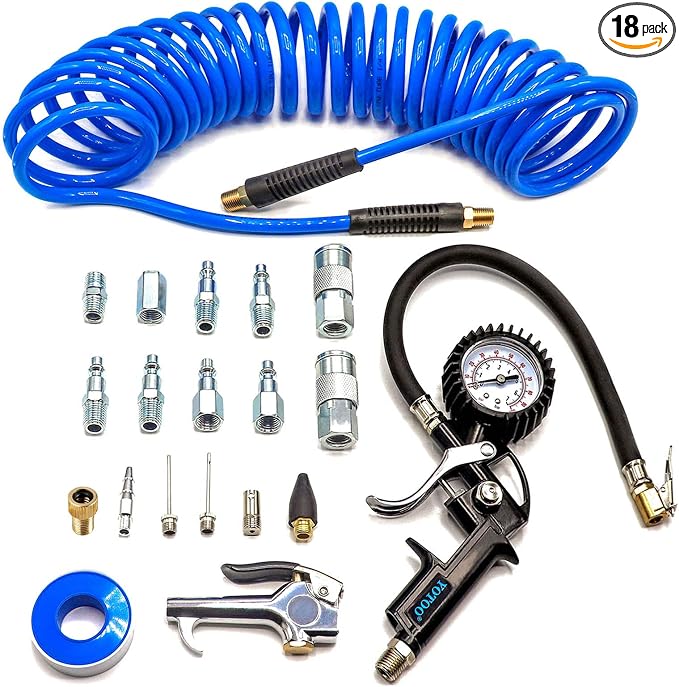 YOTOO Heavy Duty Air Compressor Accessories Kit 20 Pieces with 1/4 inch x 25 feet Polyurethane Air Compressor Hose, 100 PSI Tire Inflator Gauge, Air Blow Gun and Air Hose Fittings