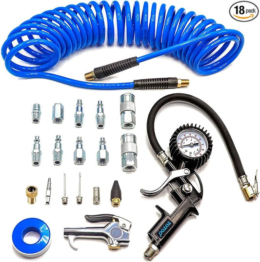 YOTOO Heavy Duty Air Compressor Accessories Kit 20 Pieces with 1/4 inch x 25 feet Polyurethane Air Compressor Hose, 100 PSI Tire Inflator Gauge, Air Blow Gun and Air Hose Fittings