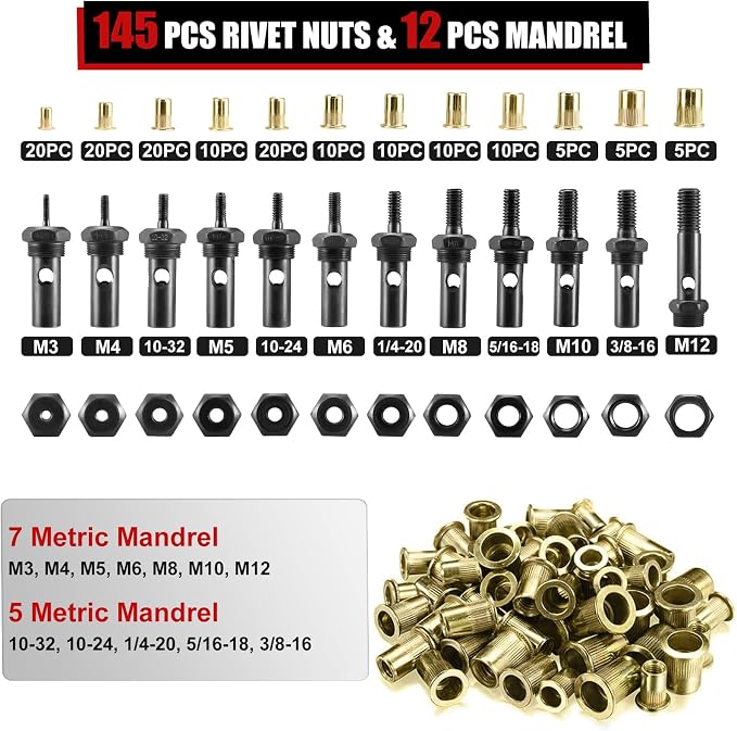 AOBEN 16" Rivet Nut Tool, Professional Hand Rivet Nut Setter Kit with 12 Interchangeable Metric & SAE Mandrels, 145Pcs Rivnuts and Rugged Carrying Case