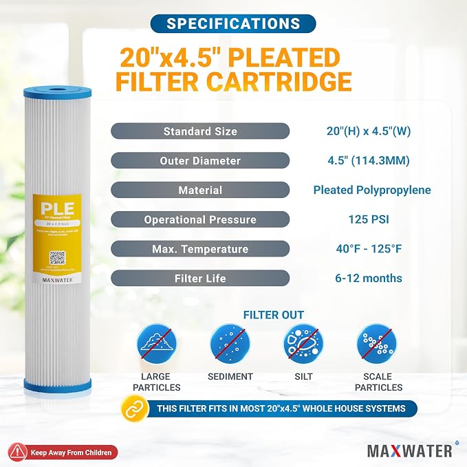 Max Water 10 Micron 20 x 4.5 Whole House Pleated Sediment Water Filter Replacement Cartridge for Well Water Filtration