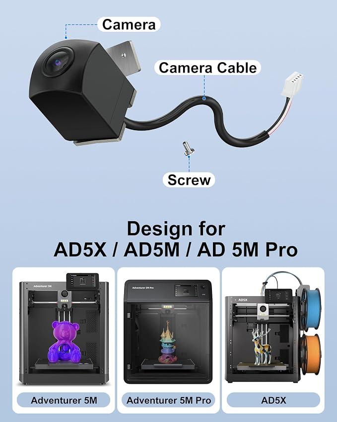 Camera Kit for FLASHFORGE AD5X Adventurer 5M/5M Pro 3D Printers, Real-Time Remote Monitoring Time-Lapse Recording Compatible with Flash Maker App, 3D Printer Accessory for Adventure AD 5X/AD5M/5M PRO