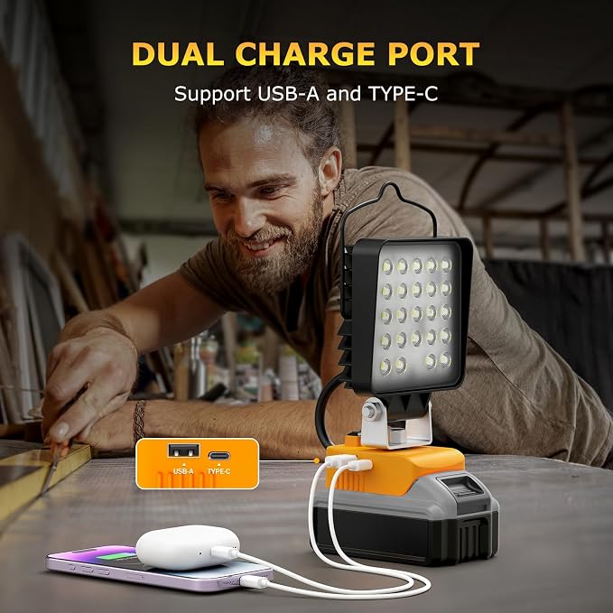 4 Pcs LED Work Light for Dewalt 20v Max Battery, 90W 9600LM Battery Light for Dewalt 20v Tools, Portable Outdoors Cordless Flood Lighting with USB & Type-C Charging Port, Low Voltage Protection