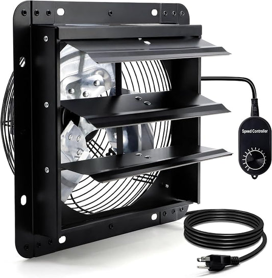 12 Inch Shutter Exhaust Fan for Greenhouse, Shed, Garage, Barn, Chicken Coop Ventilation, Wall Mount Attic Fan with Speed Controller and Power Cord, 970 CFM, Black