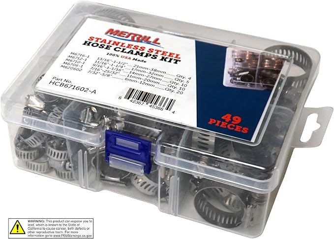 Merrill MFG Hose Clamp Assortment Kit- 49 Pieces Stainless Steel Hose Clamp Adjustable, Worm Gear Metal Fuel Line Clamp for Plumbing, Automotive And Mechanical Applications