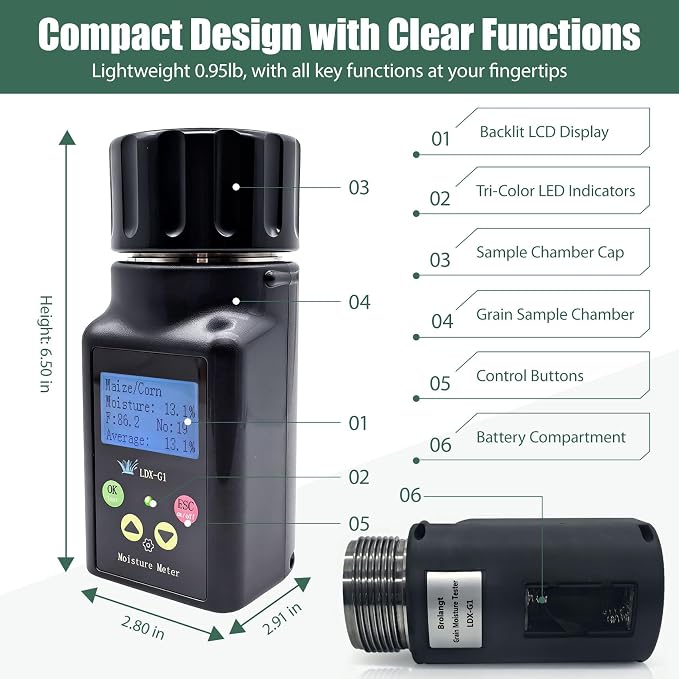Grain Moisture Tester Agriculture Portable Meter – ±0.5% Accuracy with ATC, Backlit Display & Data Storage, 25 Grains: Corn, Soybean & Paddy Rice, Farmers, Processors & Traders, 10-Language Support