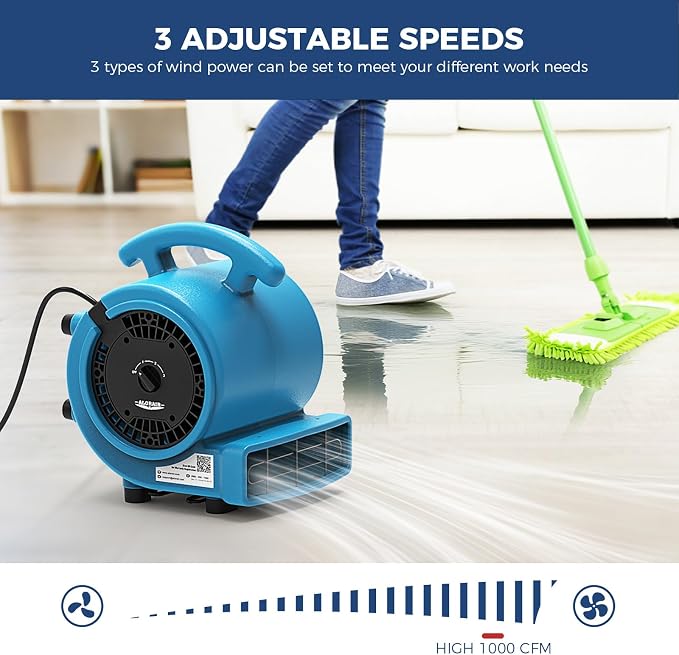 ALORAIR 1000 CFM Air Mover Blower Fan for Drying, Ventilating, Exhausting, Cooling, Utility Fan with 3 Speeds, 5 Adjustable Angles, 20ft Long Cord for Home, Industrial, Commercial Use - GE1000