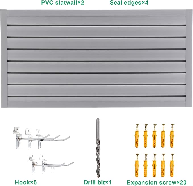 Slatwall Panel Garage Wall Organizer Storage Systems, Wall Mounted PVC Storage Rack with 5 Hooks, Interlocking Workshop Slat Wall Paneling Sheets Board Shelves Tools Organization-Grey(2’H x 4’W)