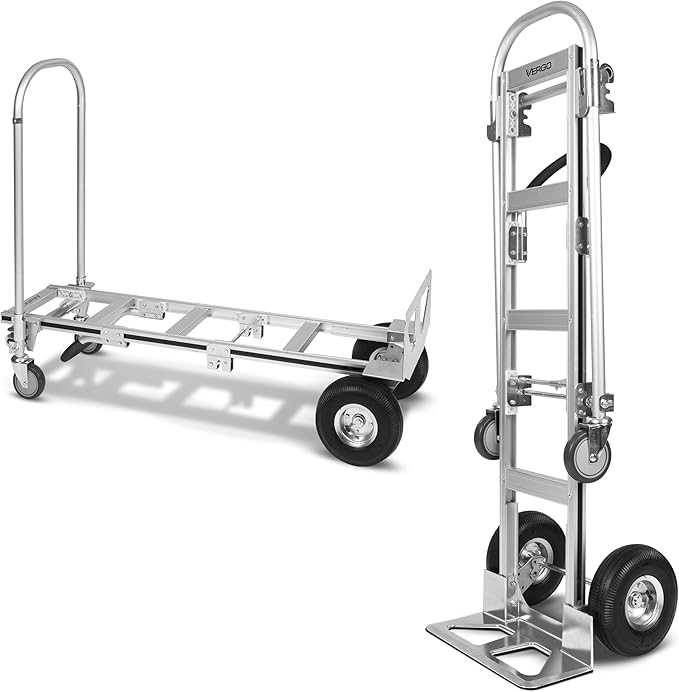 Vergo Industrial Convertible Hand Truck - AS7B Heavy Duty Aluminum 2 in 1 Dolly (800 lb Capacity) Lightweight Reinforced Frame, Ergonomic Handle, Superior Mobility Moving Dolly (2 Positions, 63" High)