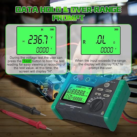 DUOYI Earth Ground Resistance Tester 0.03-2000Ω Soil Resistivity Meter,Upgraded Earth Resistance Tester Auto Measurement 600V AC Ground Voltage Meter with 6pcs 1.5V Batteries,Tool Bag