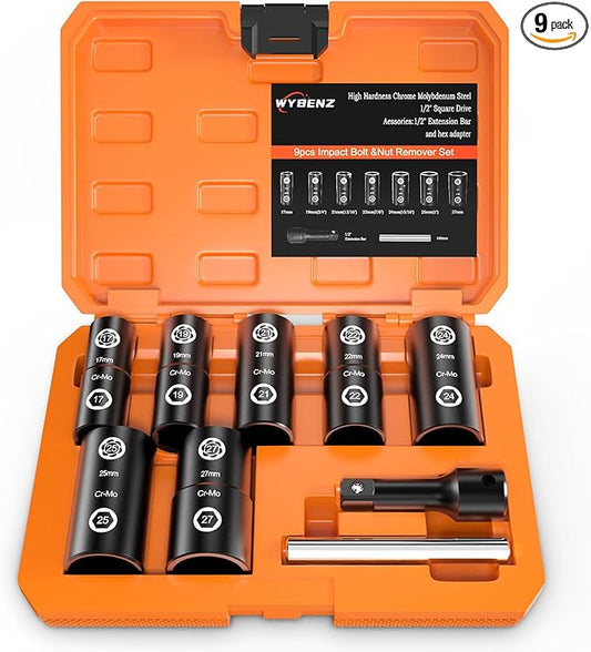 2-IN-1 Flip Lug Nut Extractor Set, 9Pcs Lug Nut Removal Tool, Wheel Lock Removal Kit, 1/2 Inch Drive Lug Nut Remover, 17-27mm Bolt Extractor Socket Set for Stripped, Rounded, Damaged Bolt and Nuts