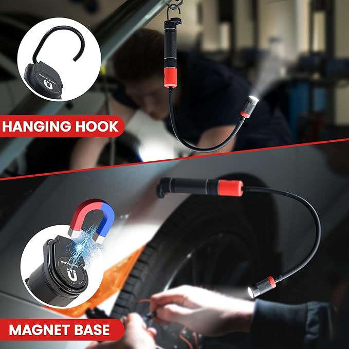 Magnetic Flashlight with Flexible Gooseneck, Rechargeable Work Light LED Zoomable Lens Flashlight, Mechanic Light for Work Bench, Auto-Repairing, Inspection, Emergency