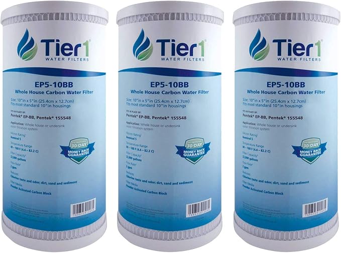 Tier1 5 Micron 10 x 4.5 Water Filter | Whole House Carbon Block Water Filter Replacement Cartridge | Replacement for Pentek EP-BB, EP5-BB, 155548-43, CG5-104, EV910805 | 4.5 x 10 Water Filter (3-Pack)