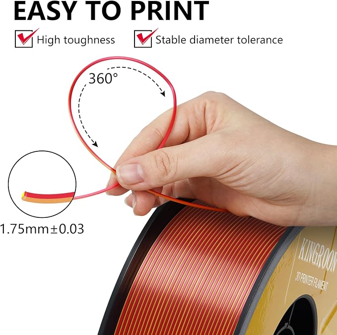 Kingroon PLA 3D Printer Filament, Triple Color Silk PLA Filament, Dimensional Accuracy +/- 0.03 mm, 1 kg Spool(2.2lbs), 1.75 mm, Golden-Yellow-Red