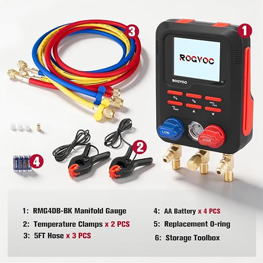 Digital Manifold Gauge, HVAC Refrigerants Digital AC Gauges Set with 2 Thermometer Clamps and 3 Hoses, for R22/R410A/R134A/1234YF Refrigerant Recharge Kit, Black