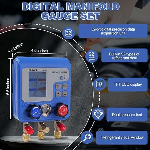Digital Manifold Gauge Set, HVAC Pressure and Air Tightness Test Gauges, Refrigerant AC Gauges with 3 Hoses, for R22/R410A/R134A Refrigerant Recharge Kit