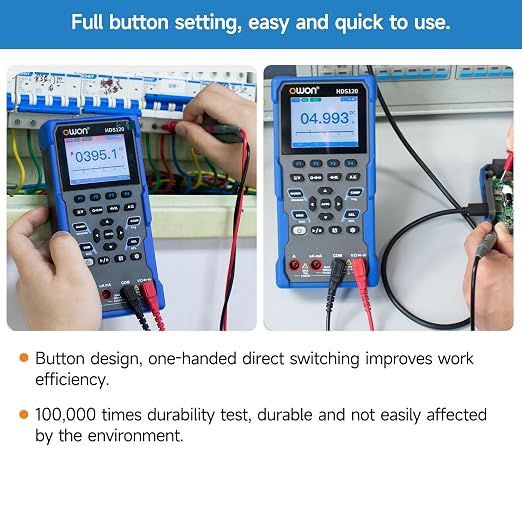 OWON Handheld Oscilloscope, Digital Multi Functional Oscilloscope Multimeters,20000 Counts Portable 2 in 1 Universal Test Instrument, with 2.8 inch IPS Screen Display 1CH 1Mhz Bandwidth HDS120